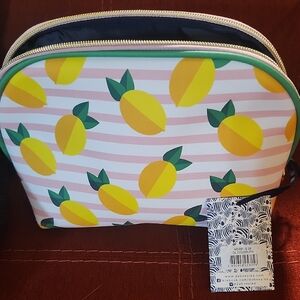 Dabney Lee NWT pink and white striped cosmetic bag with lemon accents.
